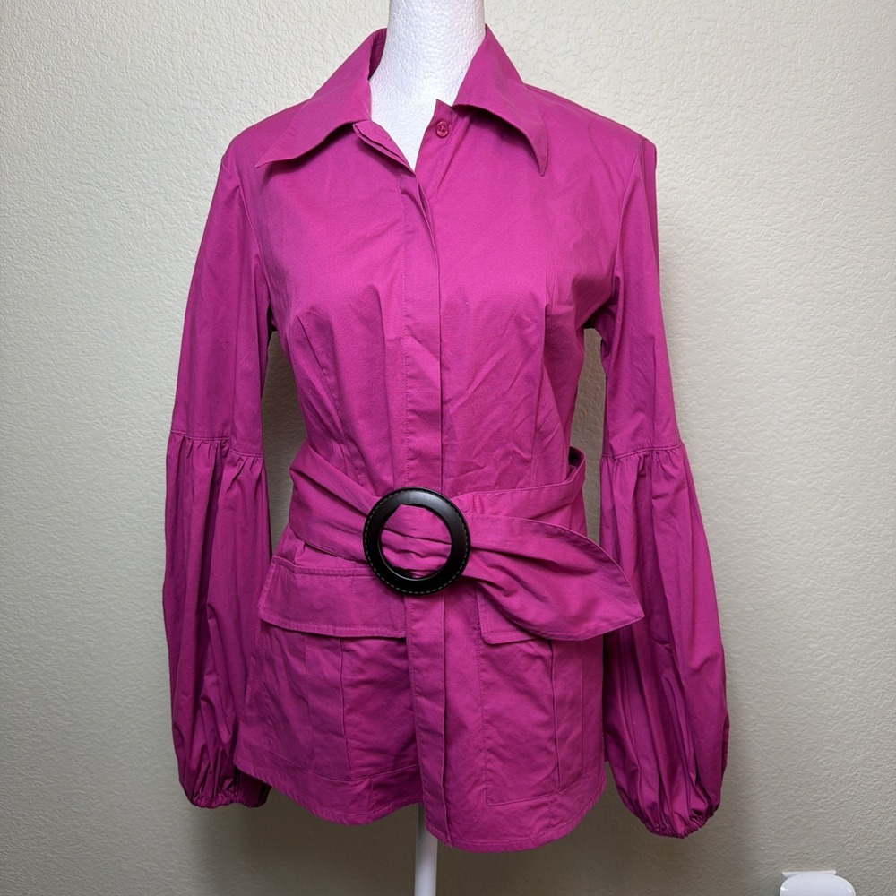 Newport News Jacket Blouse Womens Magenta Hot Pink Safari Utility Balloon Sleeve